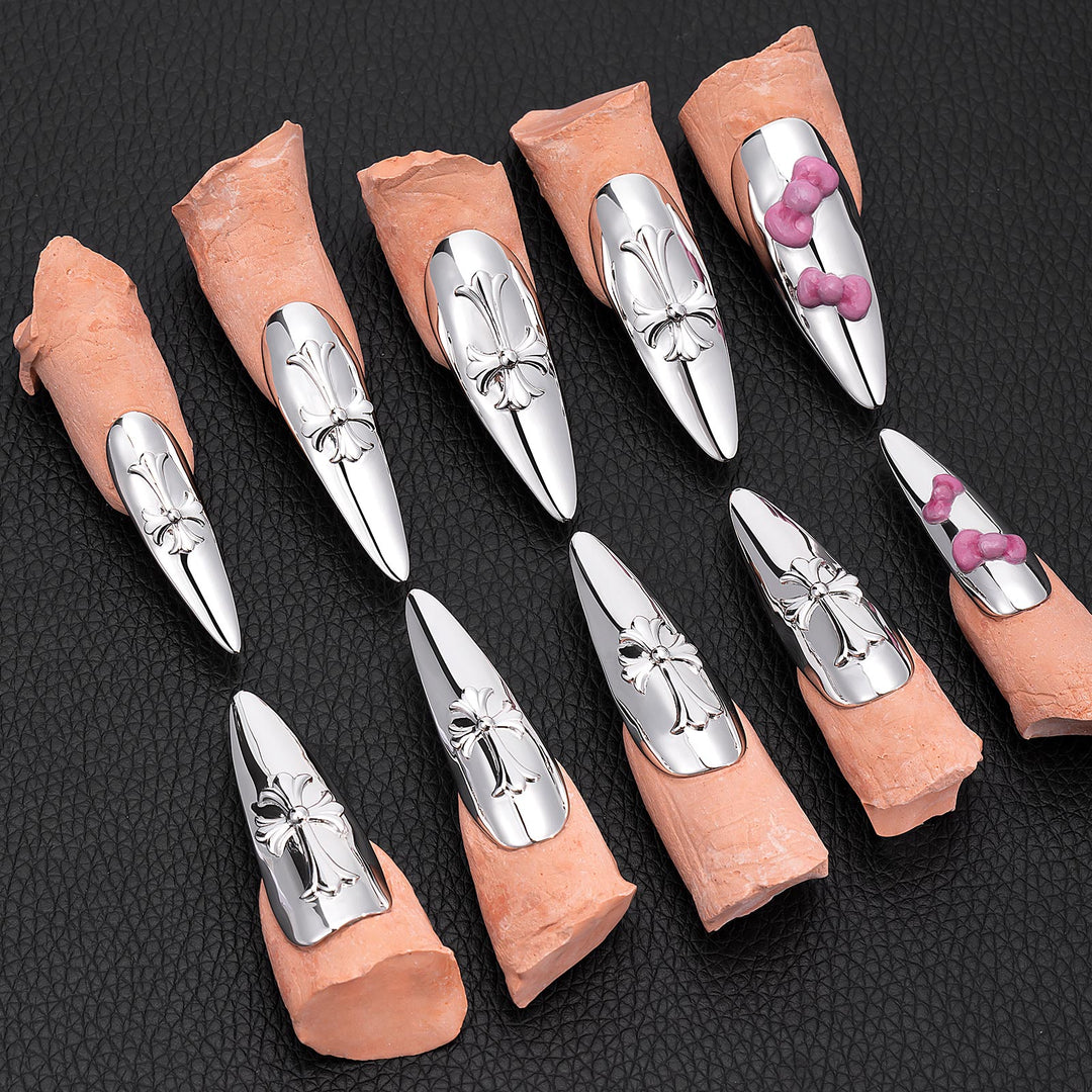 Cross Pink Bow Metallic Solid Nail Set