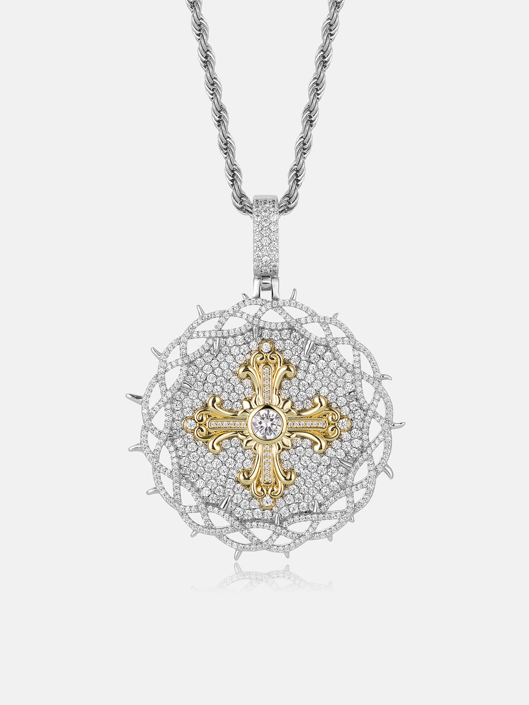 Crown of Thorns Cross Moissanite Medallion Pendant