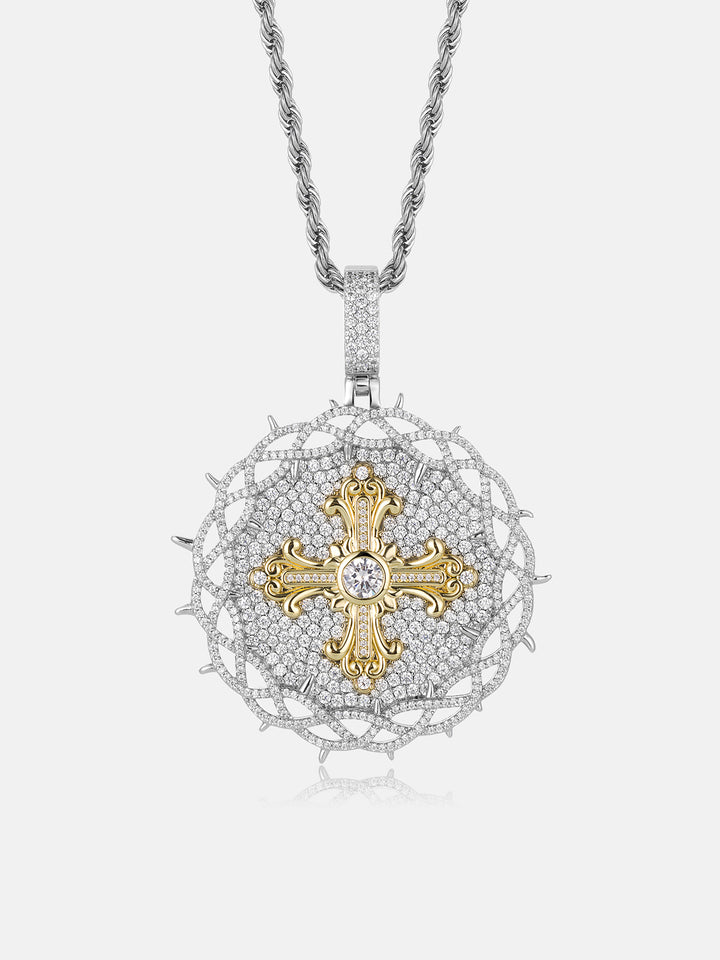 Crown of Thorns Cross Moissanite Medallion Pendant