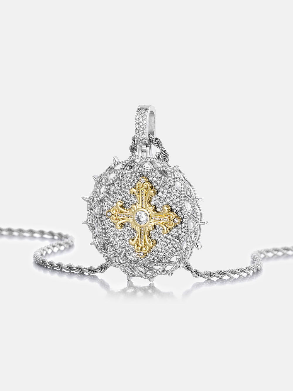 Crown of Thorns Cross Moissanite Medallion Pendant