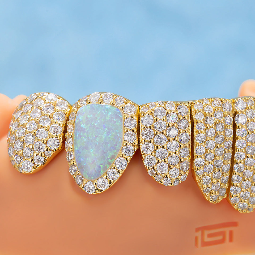 Custom Fully Iced Opal Moissanite Diamond Grillz