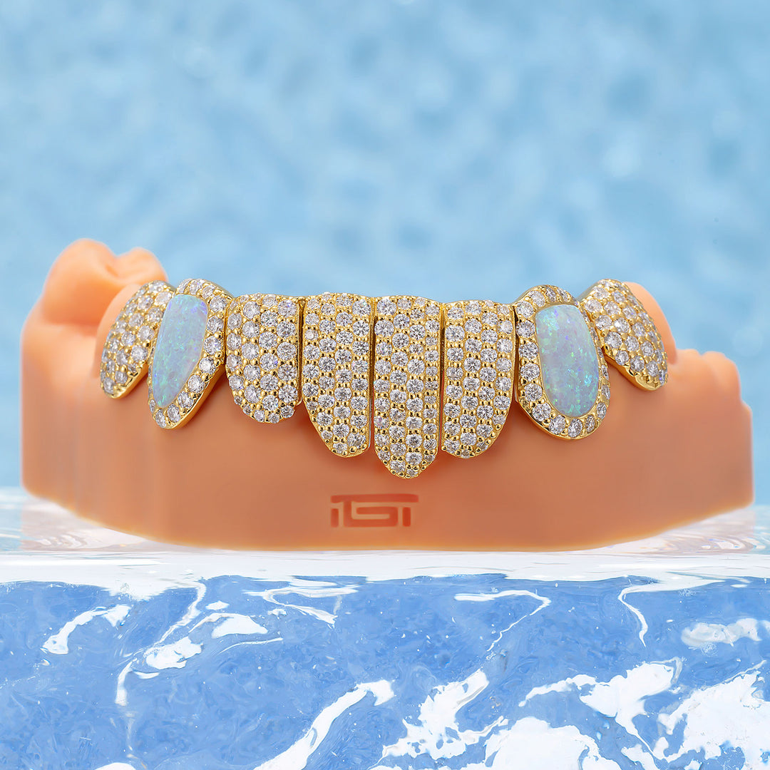 Custom Fully Iced Opal Moissanite Diamond Grillz
