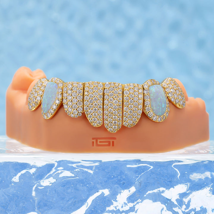 Custom Fully Iced Opal Moissanite Diamond Grillz