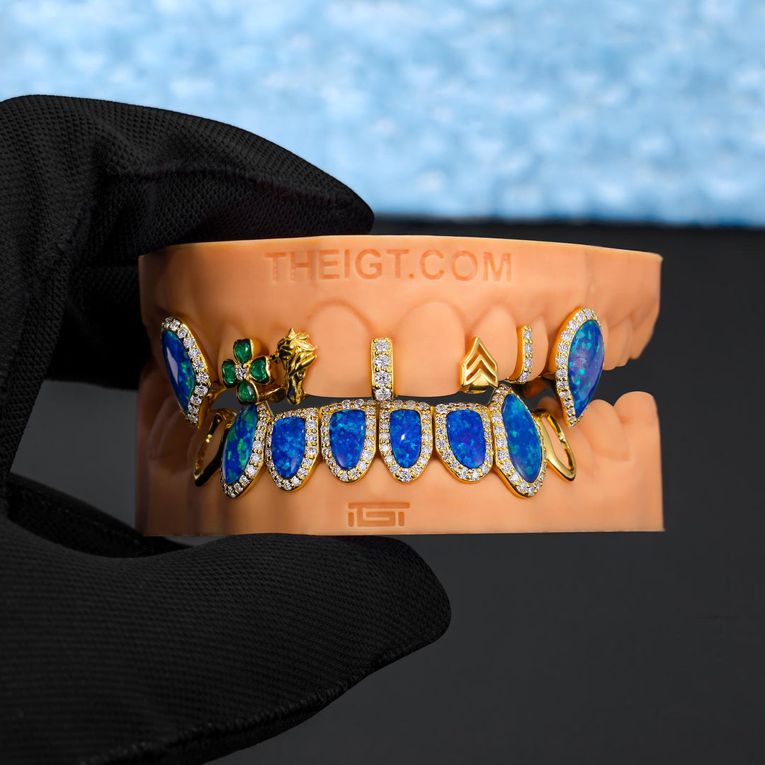 Custom Gap Bar & Colored Opal W Smile Face Grillz