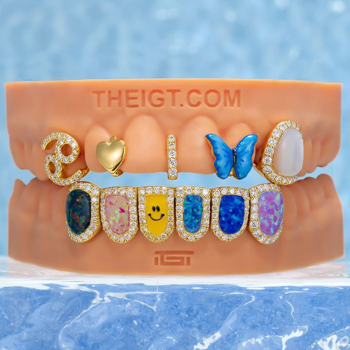 Custom Gap Bar & Colored Opal W Smile Face Grillz