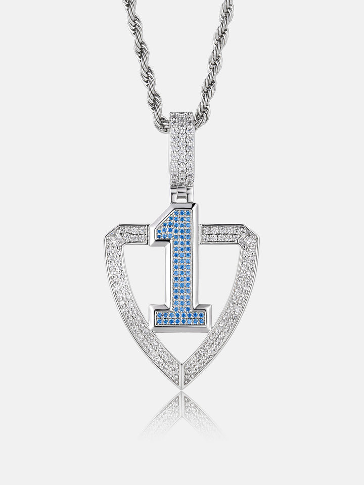 Custom Number Blue Gem Shield Moissanite Pendant