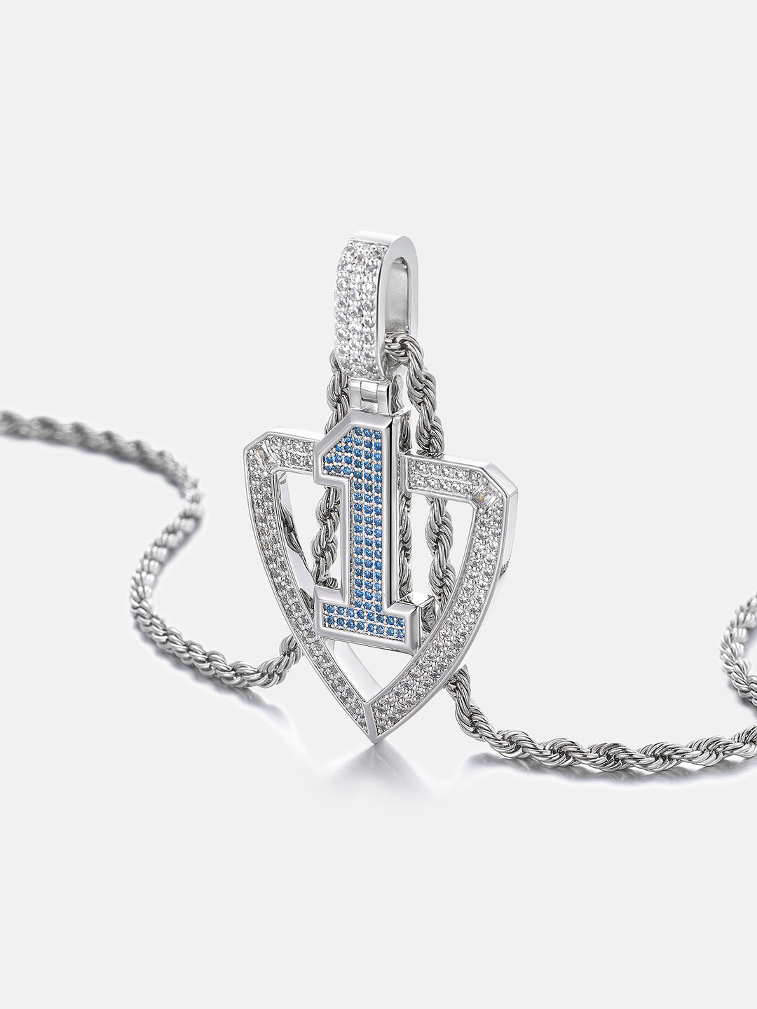 Custom Number Blue Gem Shield Moissanite Pendant