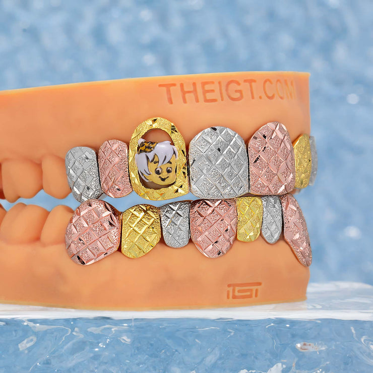 Custom Tri-Tone Diamond Dust And Diamond Cut Grillz
