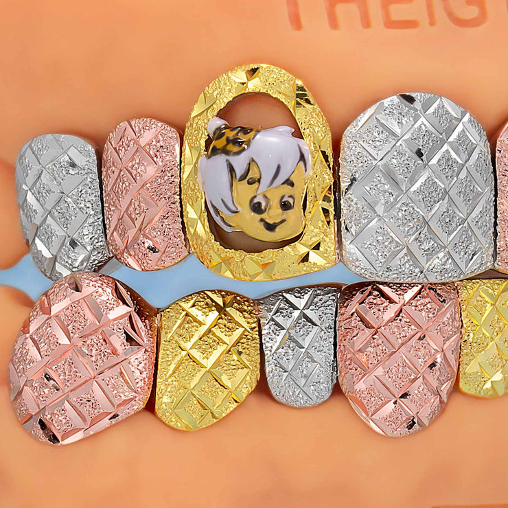 Custom Tri-Tone Diamond Dust And Diamond Cut Grillz