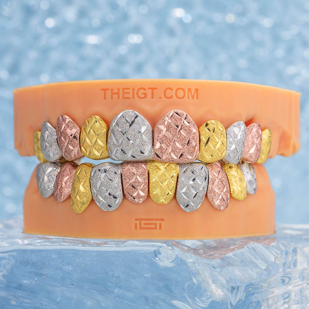 Custom Tri-Tone Diamond Dust And Diamond Cut Grillz
