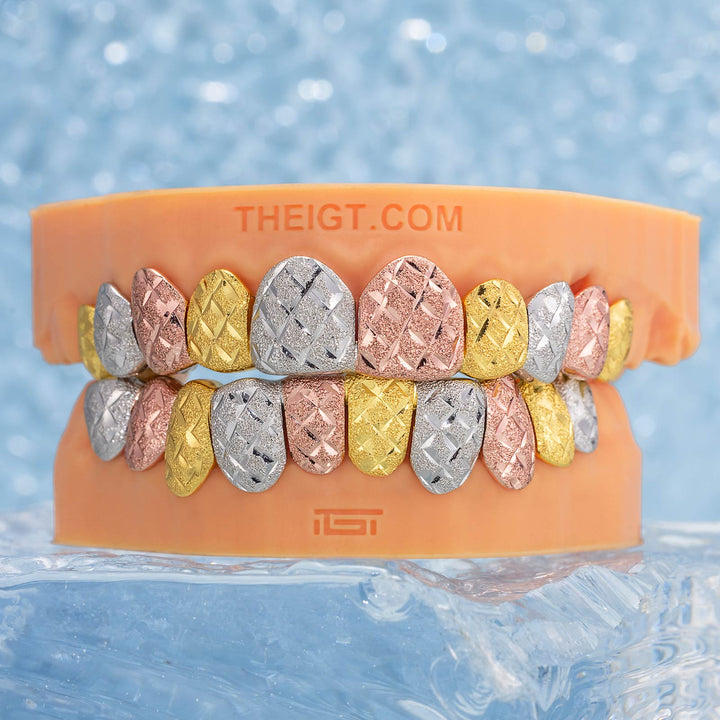 Custom Tri-Tone Diamond Dust And Diamond Cut Grillz
