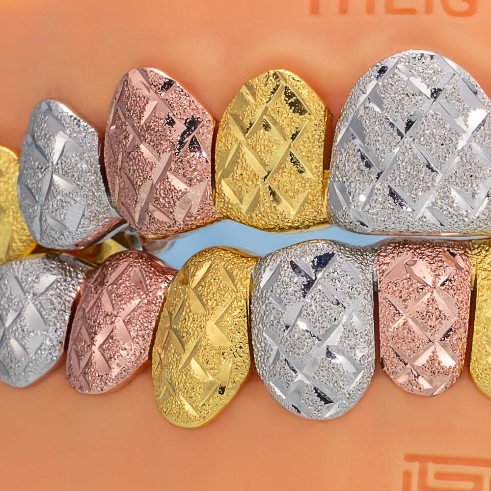 Custom Tri-Tone Diamond Dust And Diamond Cut Grillz
