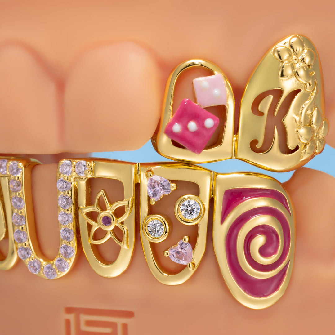 Dice Button W Flower Open Face Grillz