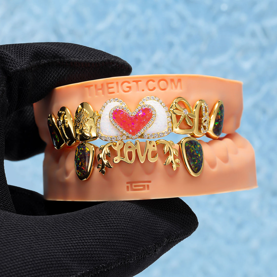 Double Heart Opal Dragonfly Iced Script Grillz