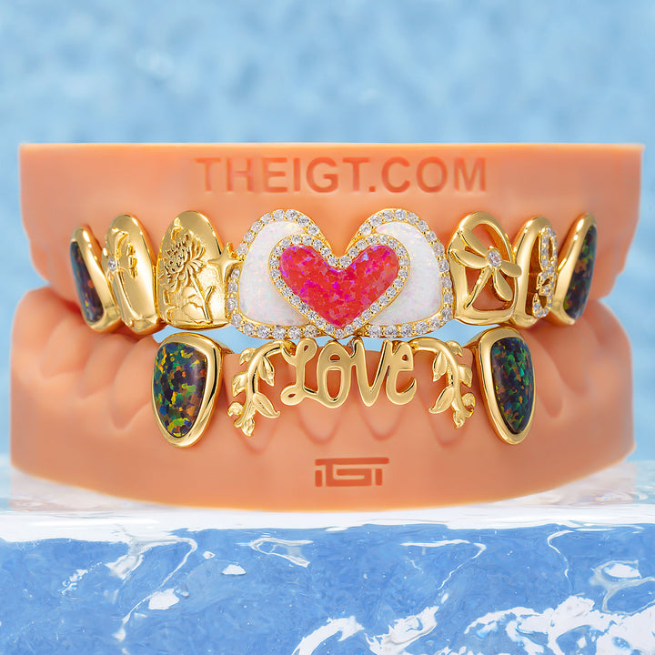 Double Heart Opal Dragonfly Iced Script Grillz