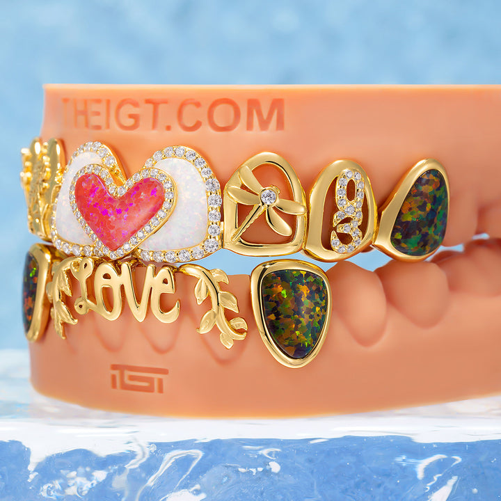 Double Heart Opal Dragonfly Iced Script Grillz