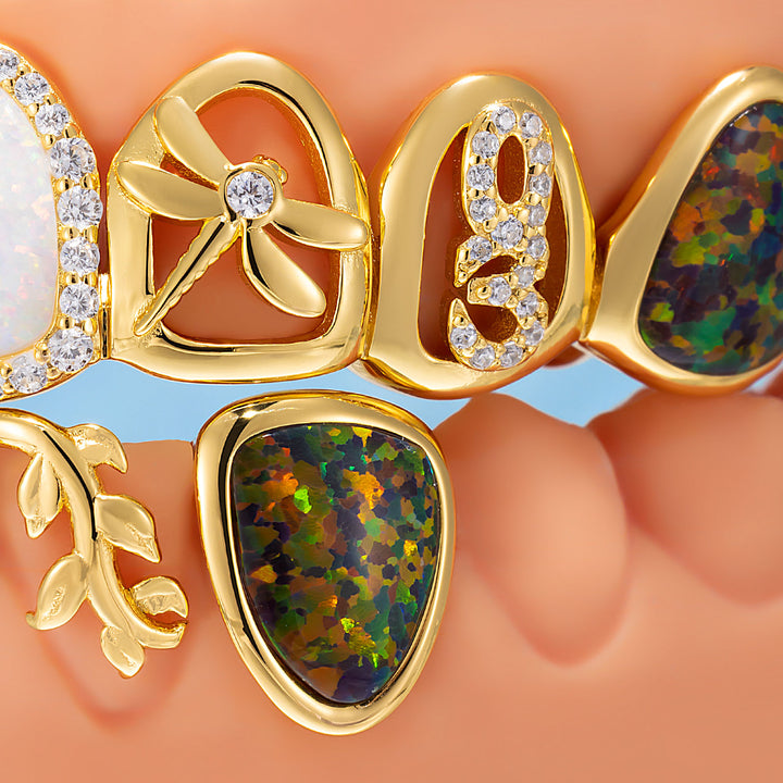 Double Heart Opal Dragonfly Iced Script Grillz