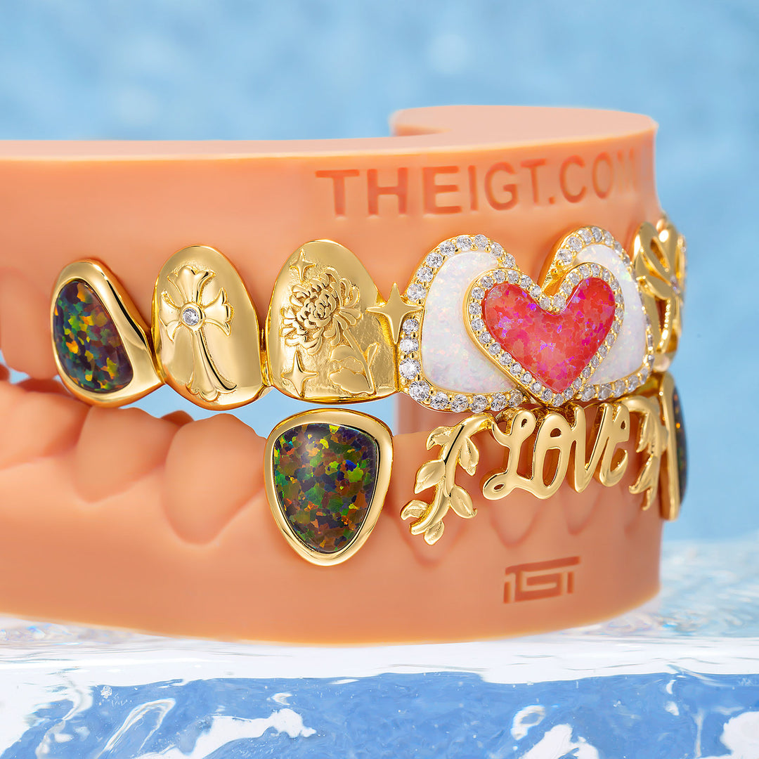 Double Heart Opal Dragonfly Iced Script Grillz