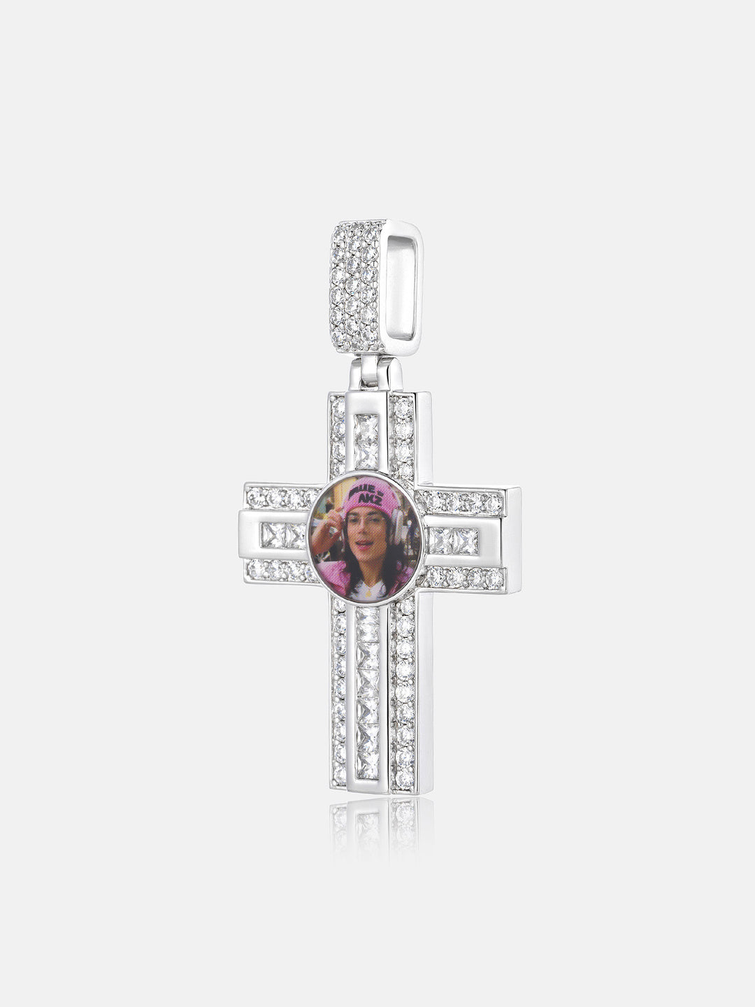 Dual Cut Moissanite Cross Round Photo Pendant
