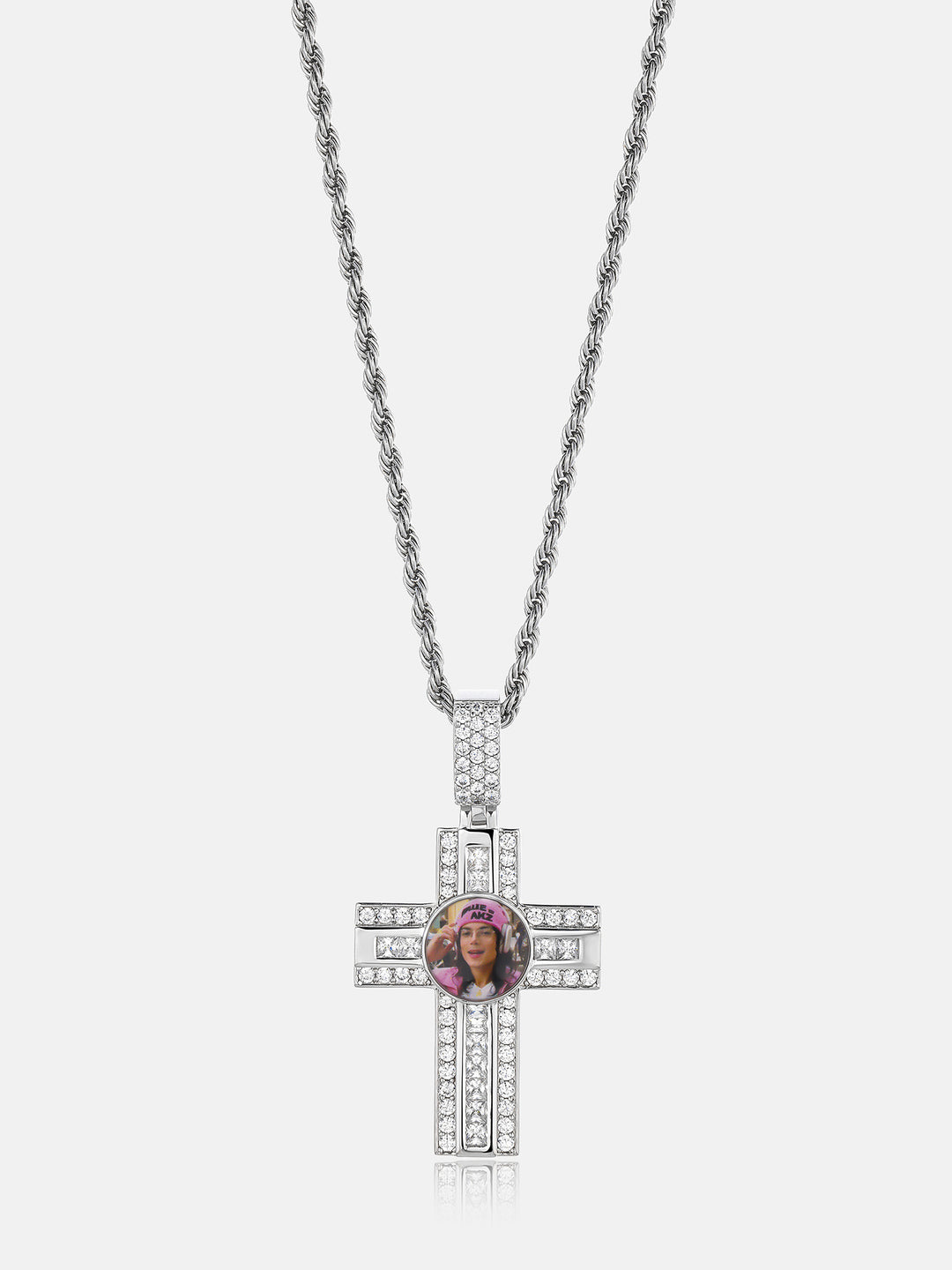 Dual Cut Moissanite Cross Round Photo Pendant