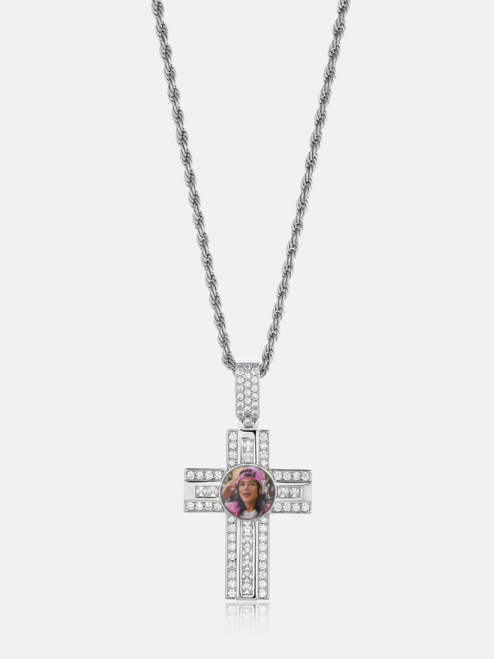 Dual Cut Moissanite Cross Round Photo Pendant