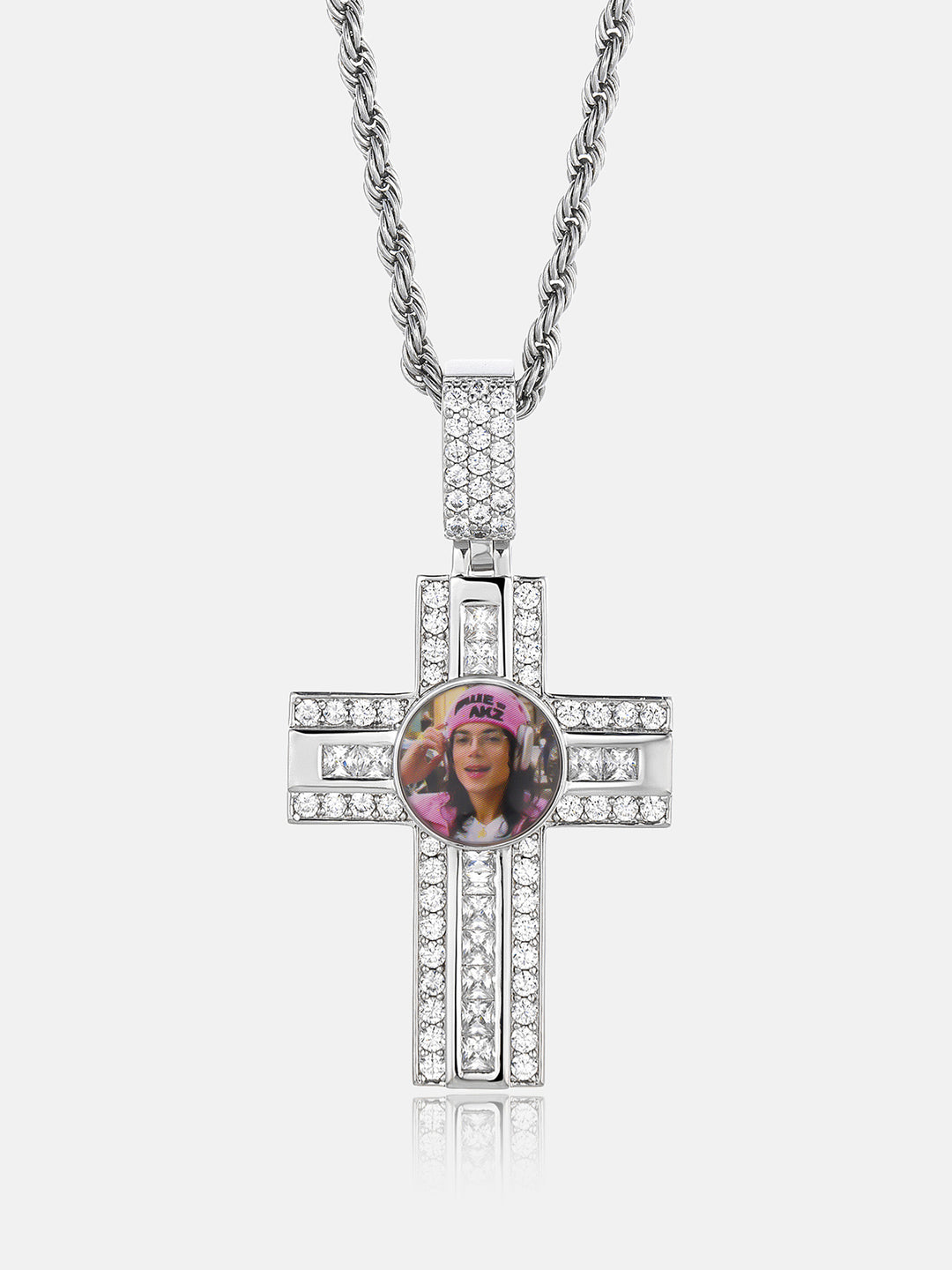 Dual Cut Moissanite Cross Round Photo Pendant