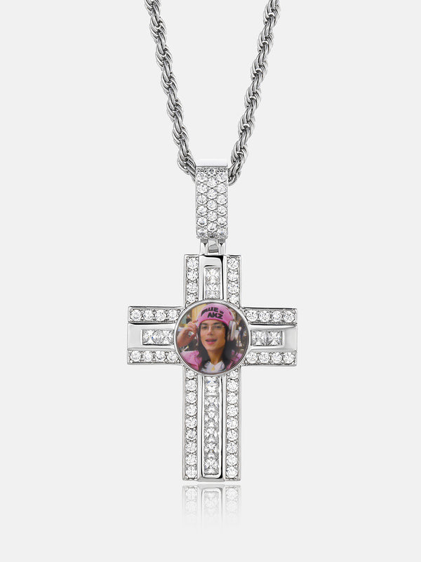 Dual Cut Moissanite Cross Round Photo Pendant