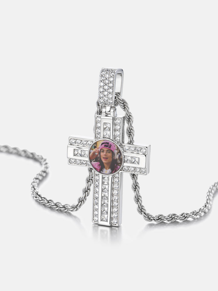 Dual Cut Moissanite Cross Round Photo Pendant