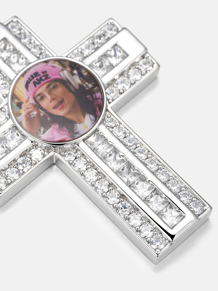 Dual Cut Moissanite Cross Round Photo Pendant