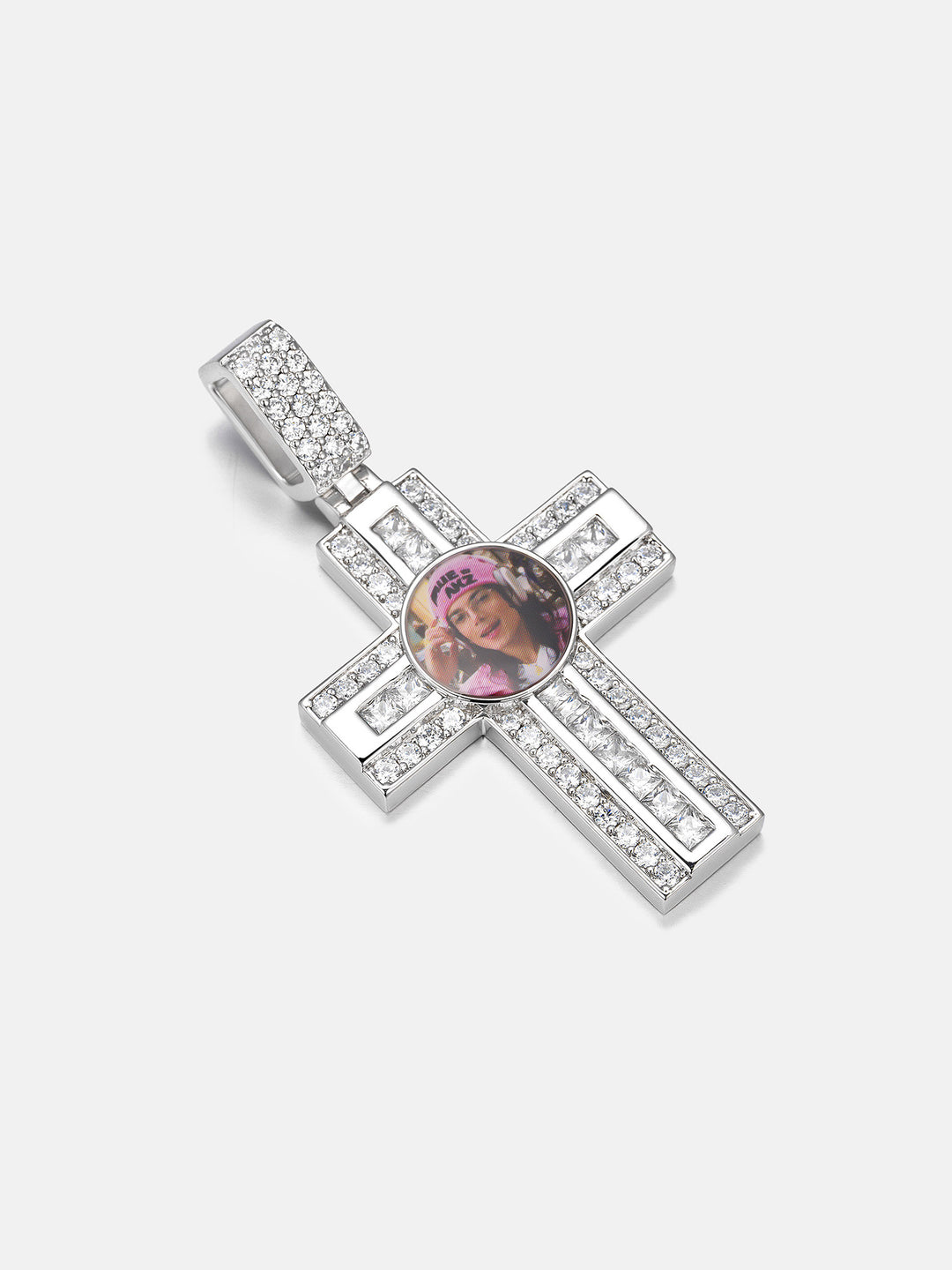 Dual Cut Moissanite Cross Round Photo Pendant
