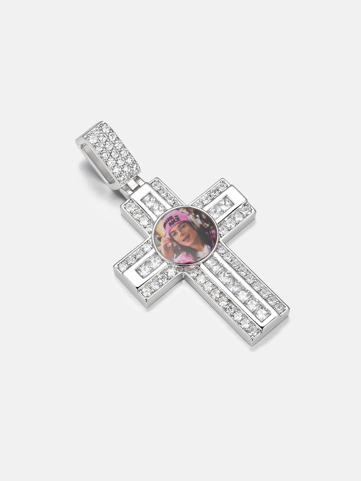 Dual Cut Moissanite Cross Round Photo Pendant