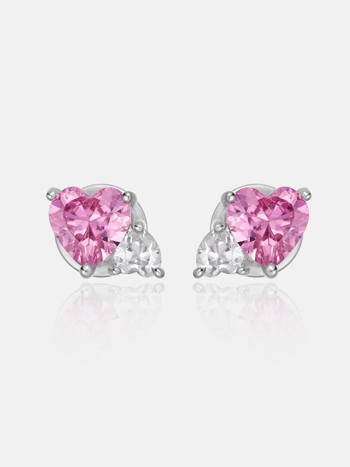 Duo Heart Pink & White Moissanite Stud Earrings