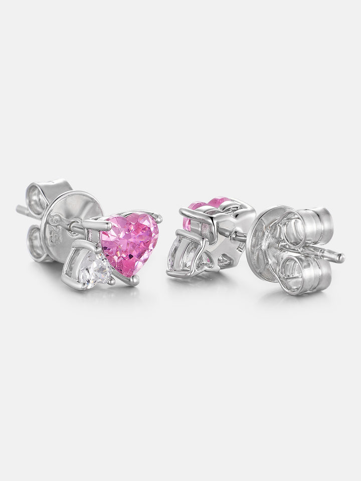 Duo Heart Pink & White Moissanite Stud Earrings