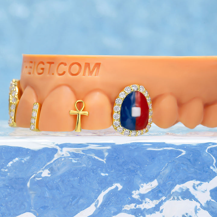 Egyptian Ankh Enamel Halo Bar Grillz