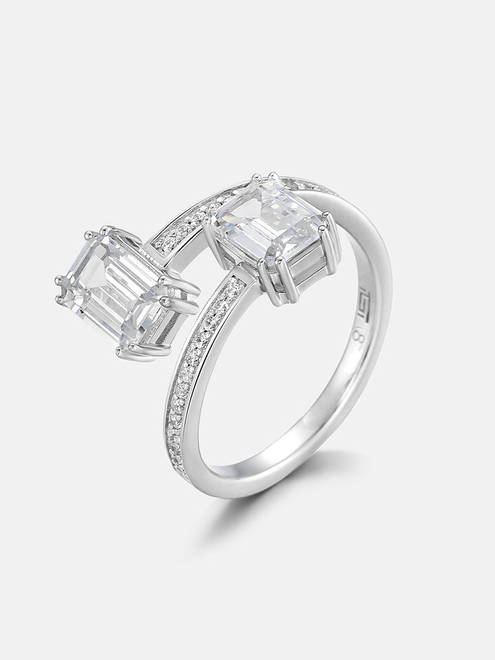 Emerald Cut Moissanite Toi et Moi Bypass Ring
