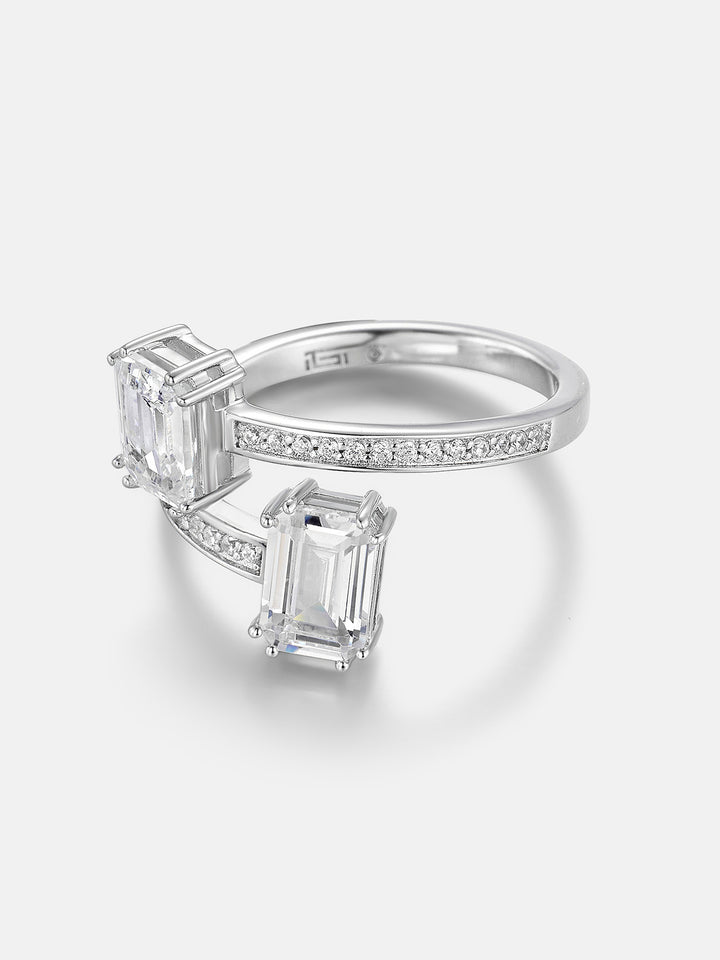 Emerald Cut Moissanite Toi et Moi Bypass Ring