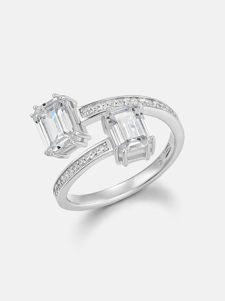 Emerald Cut Moissanite Toi et Moi Bypass Ring