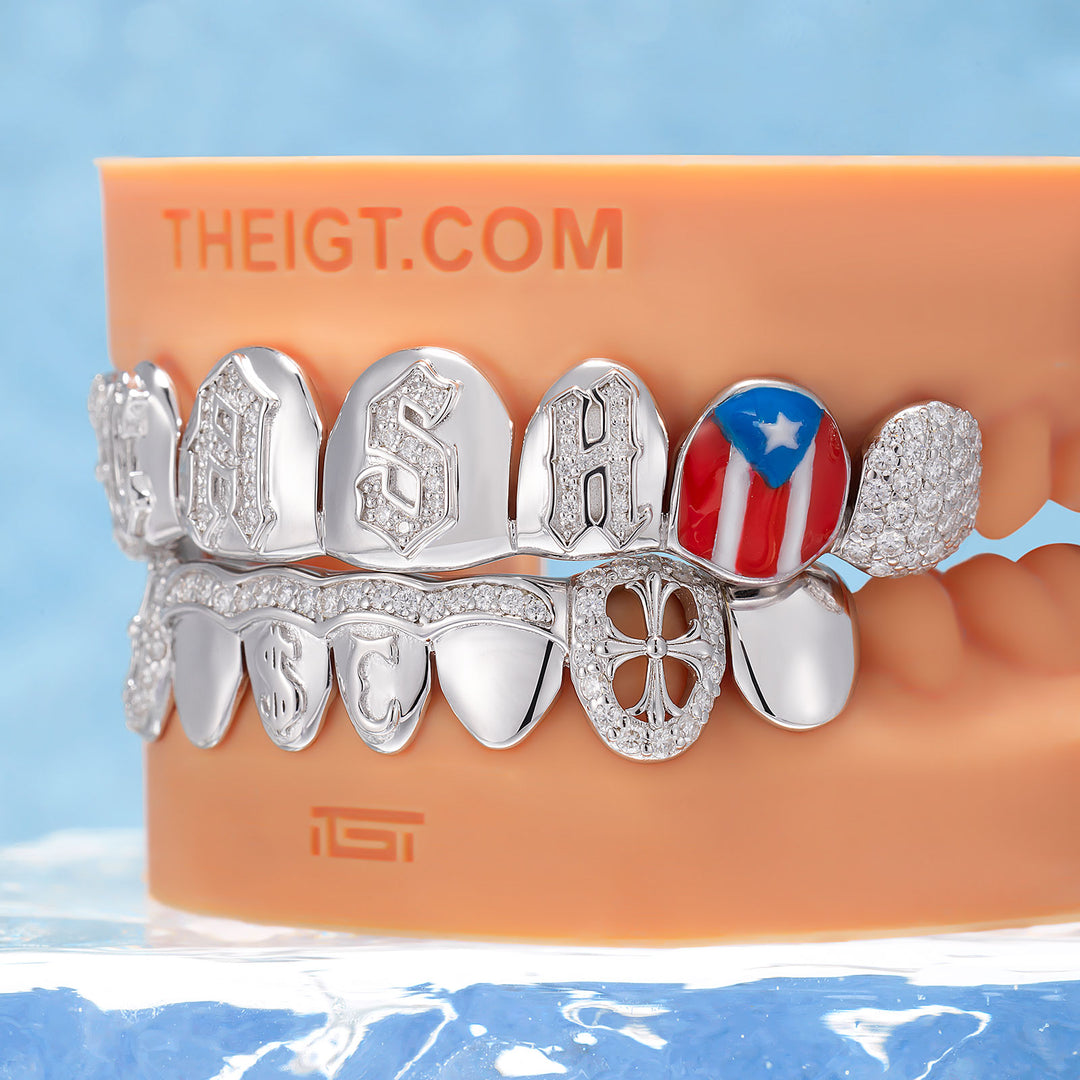 Flag Gothic Cross Iced Script Grillz