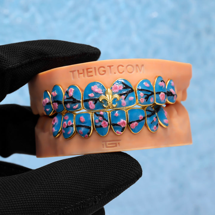 Fleur De Lis Sakura Blue Enamel Grillz