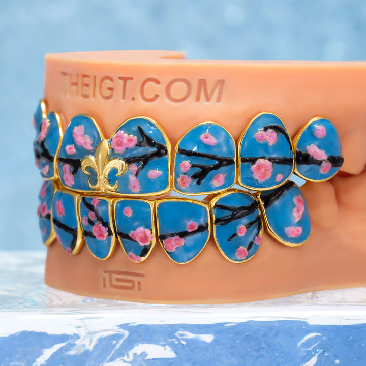 Fleur De Lis Sakura Blue Enamel Grillz