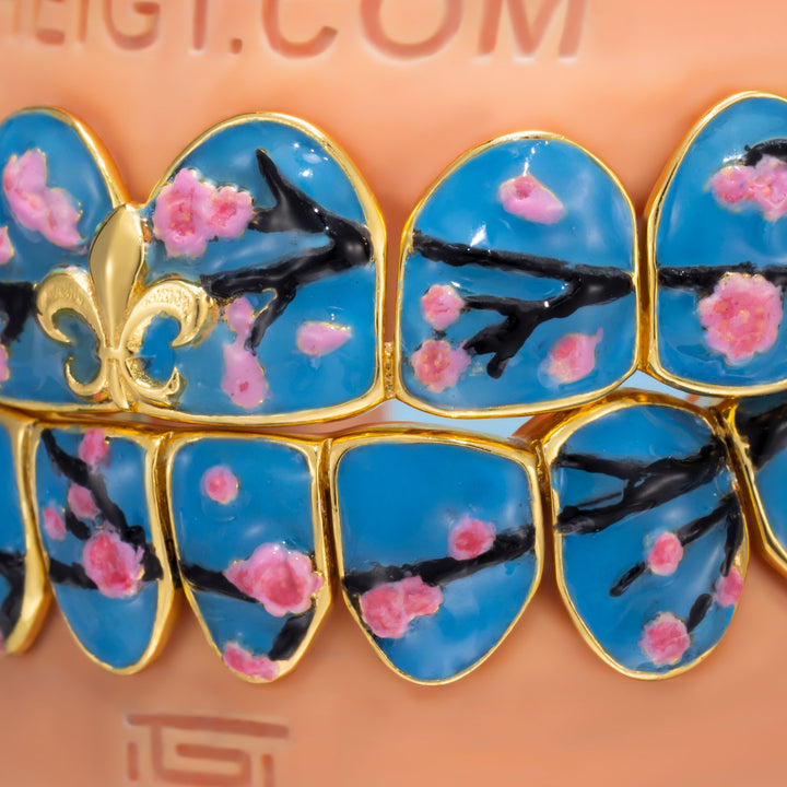 Fleur De Lis Sakura Blue Enamel Grillz