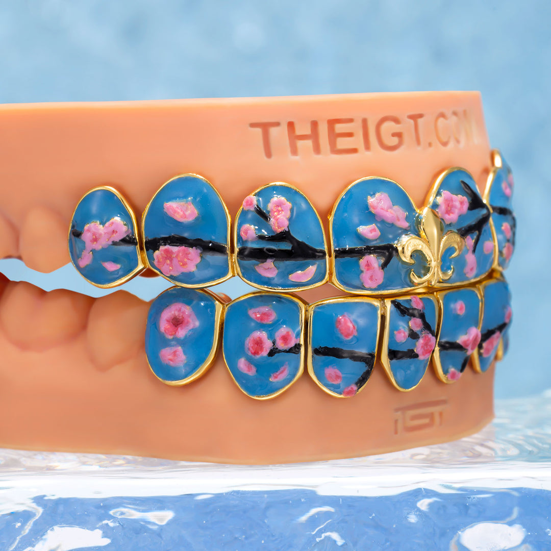 Fleur De Lis Sakura Blue Enamel Grillz