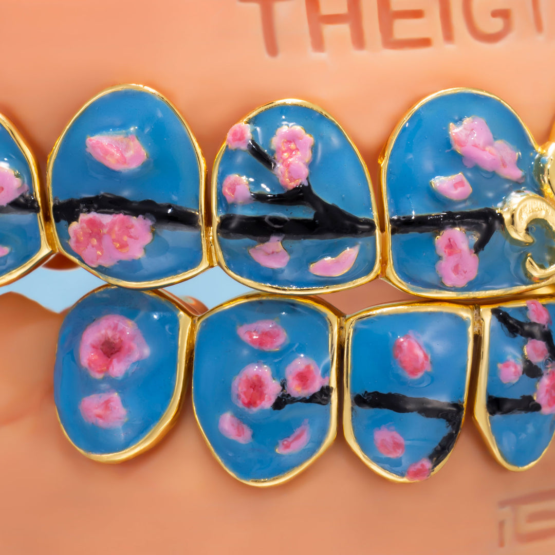 Fleur De Lis Sakura Blue Enamel Grillz