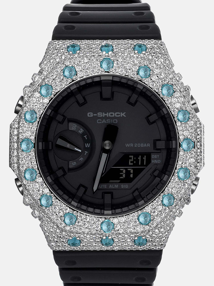 GA-2100 Reversed Blue & White Moissanite Case