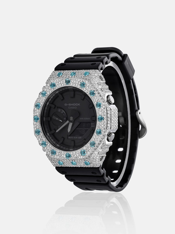 GA-2100 Reversed Blue & White Moissanite Case