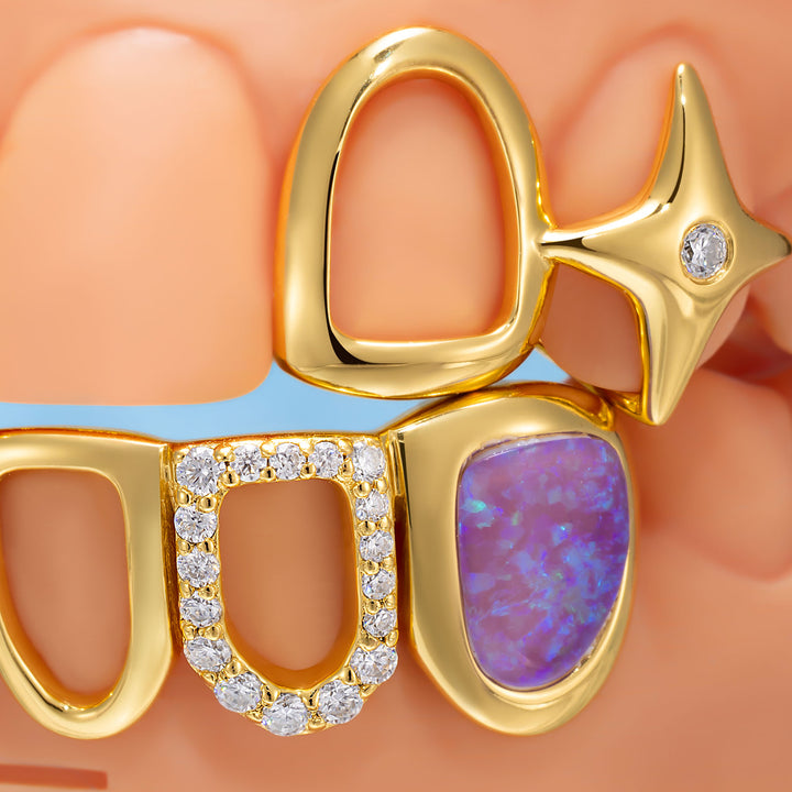 Gold Star Fangs & Opal Open Face Grillz