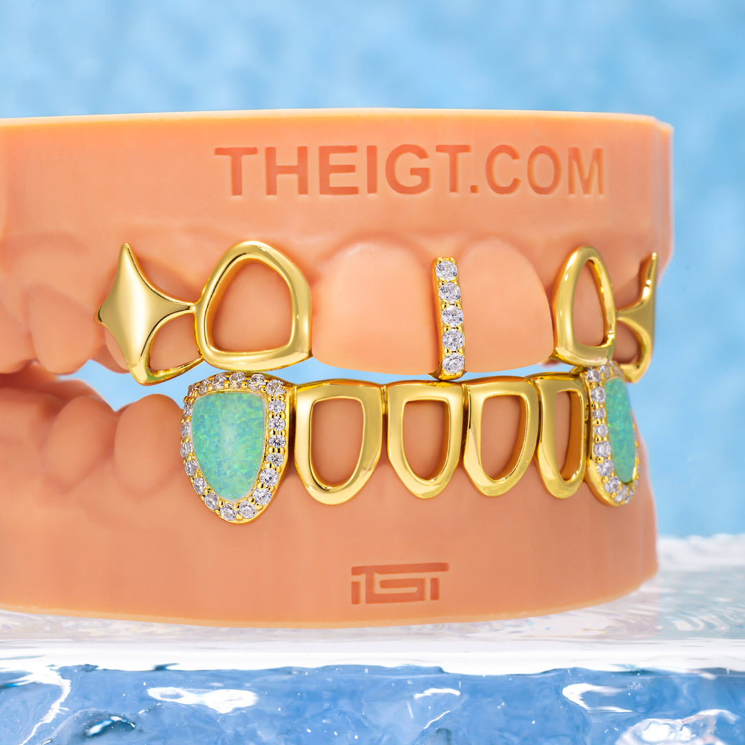 Gold Star Fangs & Opal Open Face Grillz