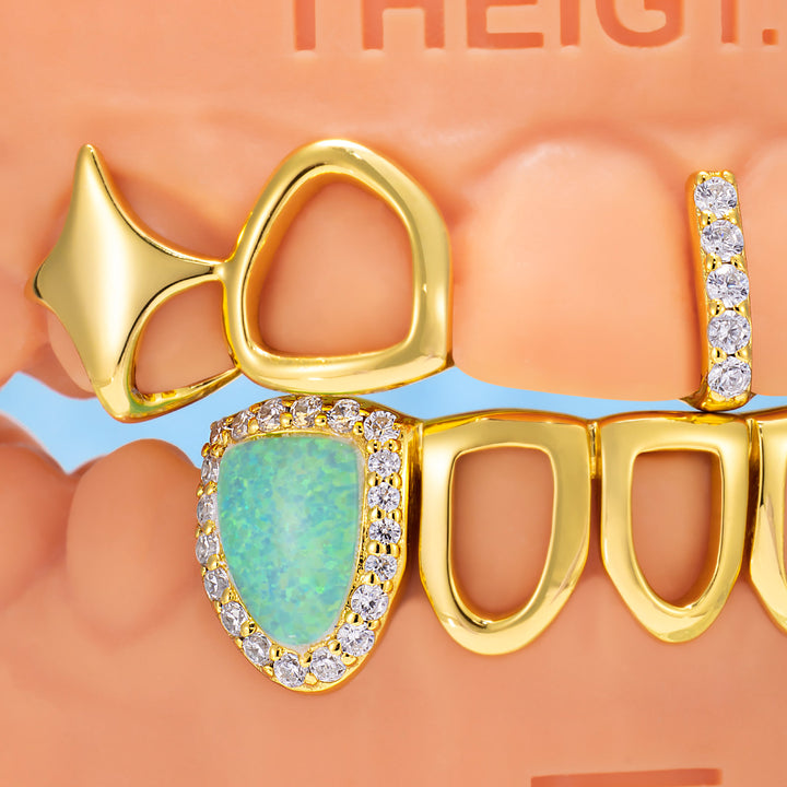 Gold Star Fangs & Opal Open Face Grillz