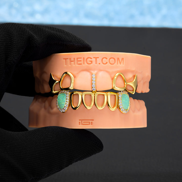 Gold Star Fangs & Opal Open Face Grillz
