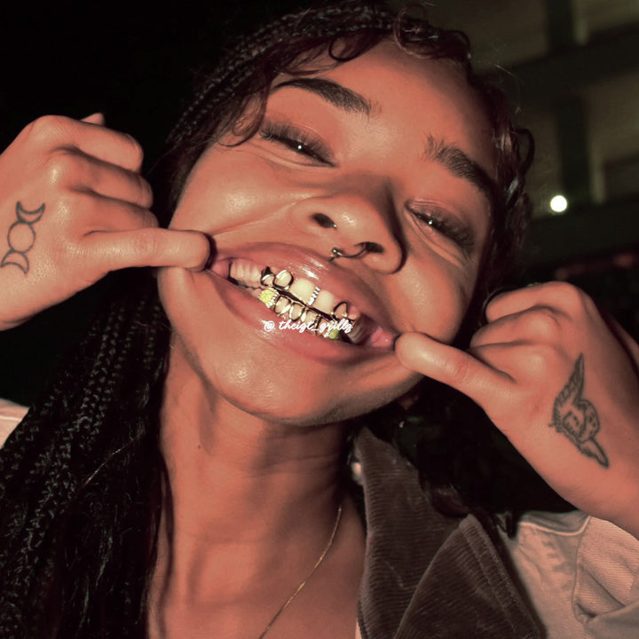 Gold Star Fangs & Opal Open Face Grillz